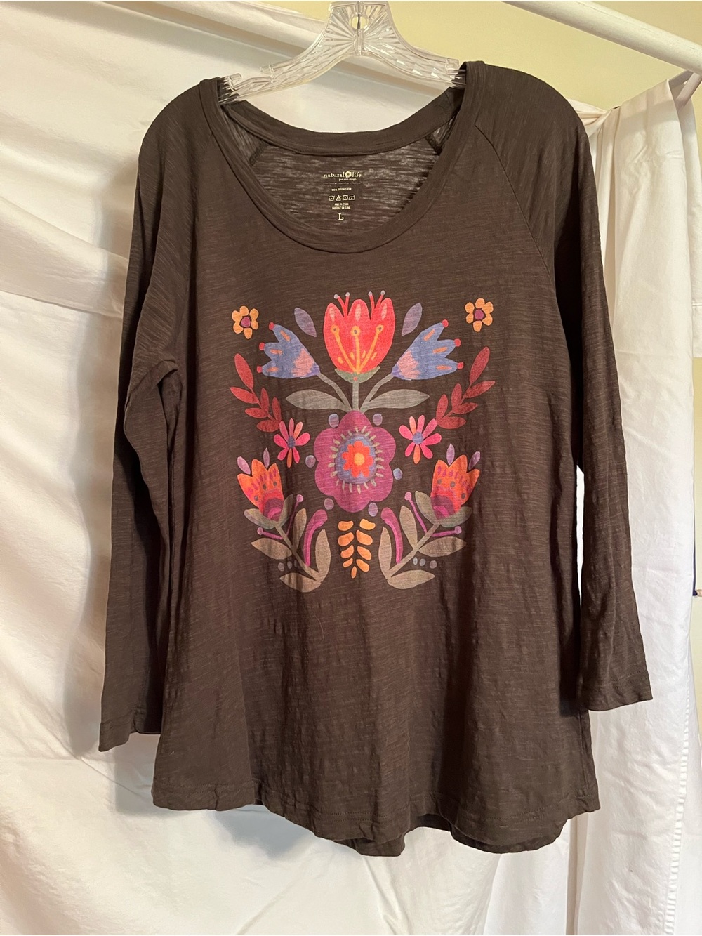 NATURAL LIFE Gray-Brown Long Sleeve Tee with Multicolor Floral Graphic